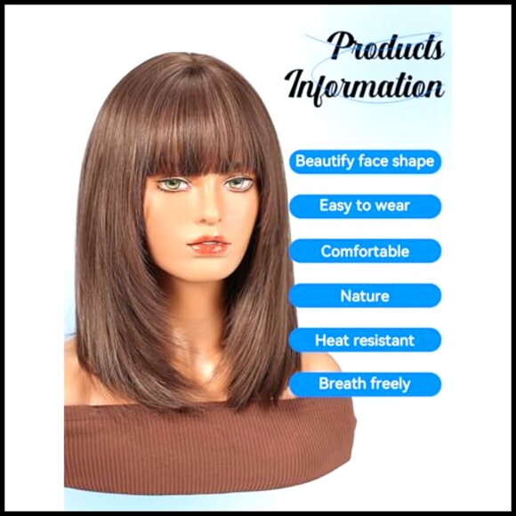 Synthetic Straight Wig with Bangs Mid-Length Layered Style Adjustable Cap